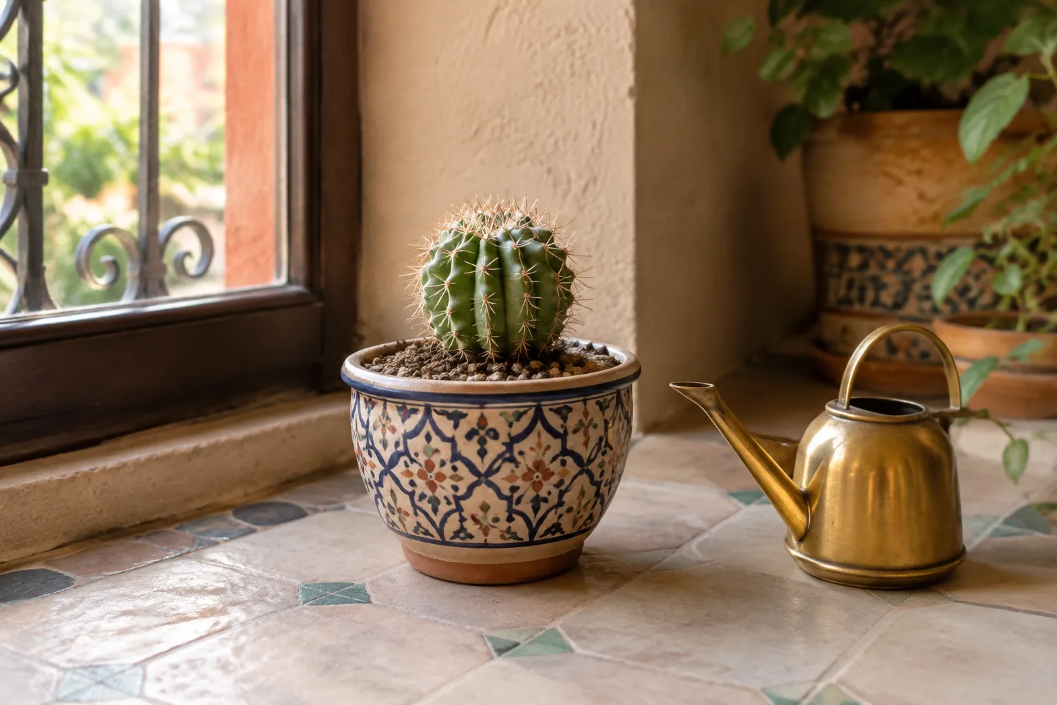 Cactus en pot avec substrat sec et arrosoir pour illustrer les bons gestes d’arrosage
